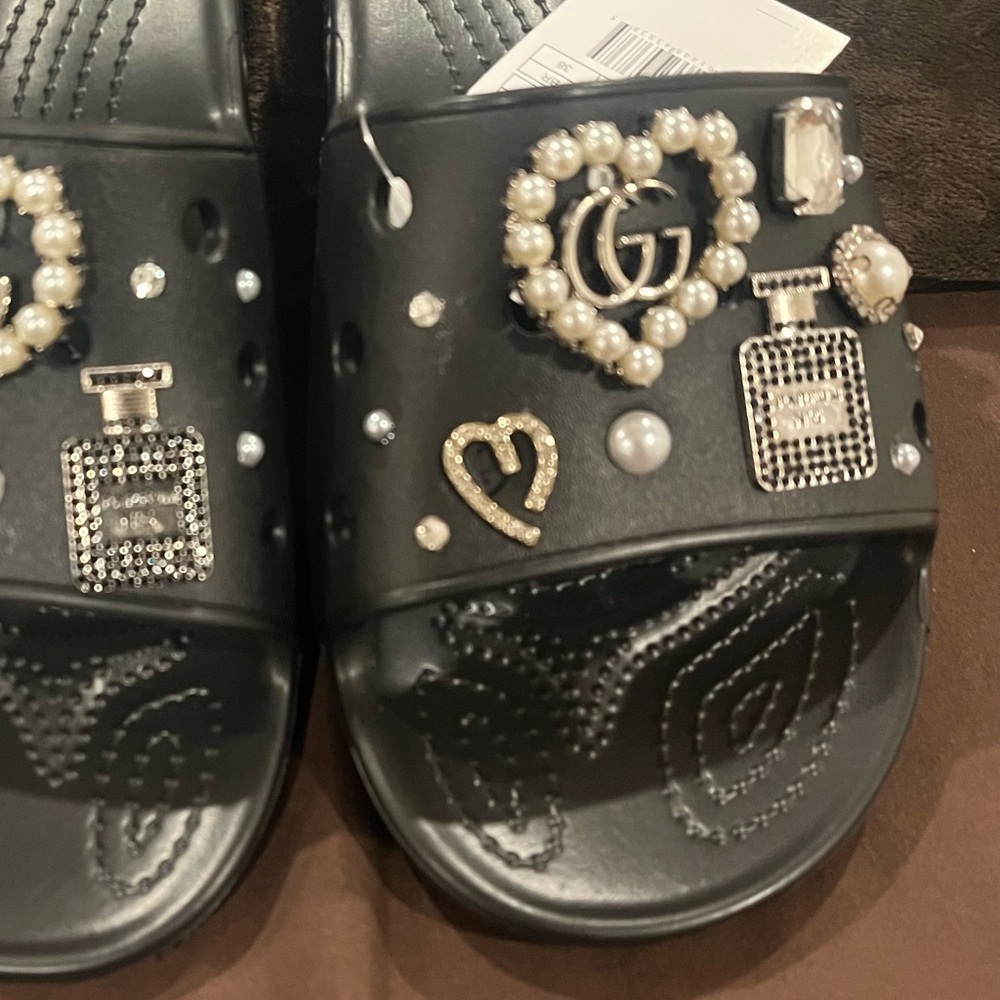Croc Black Embellished Slides